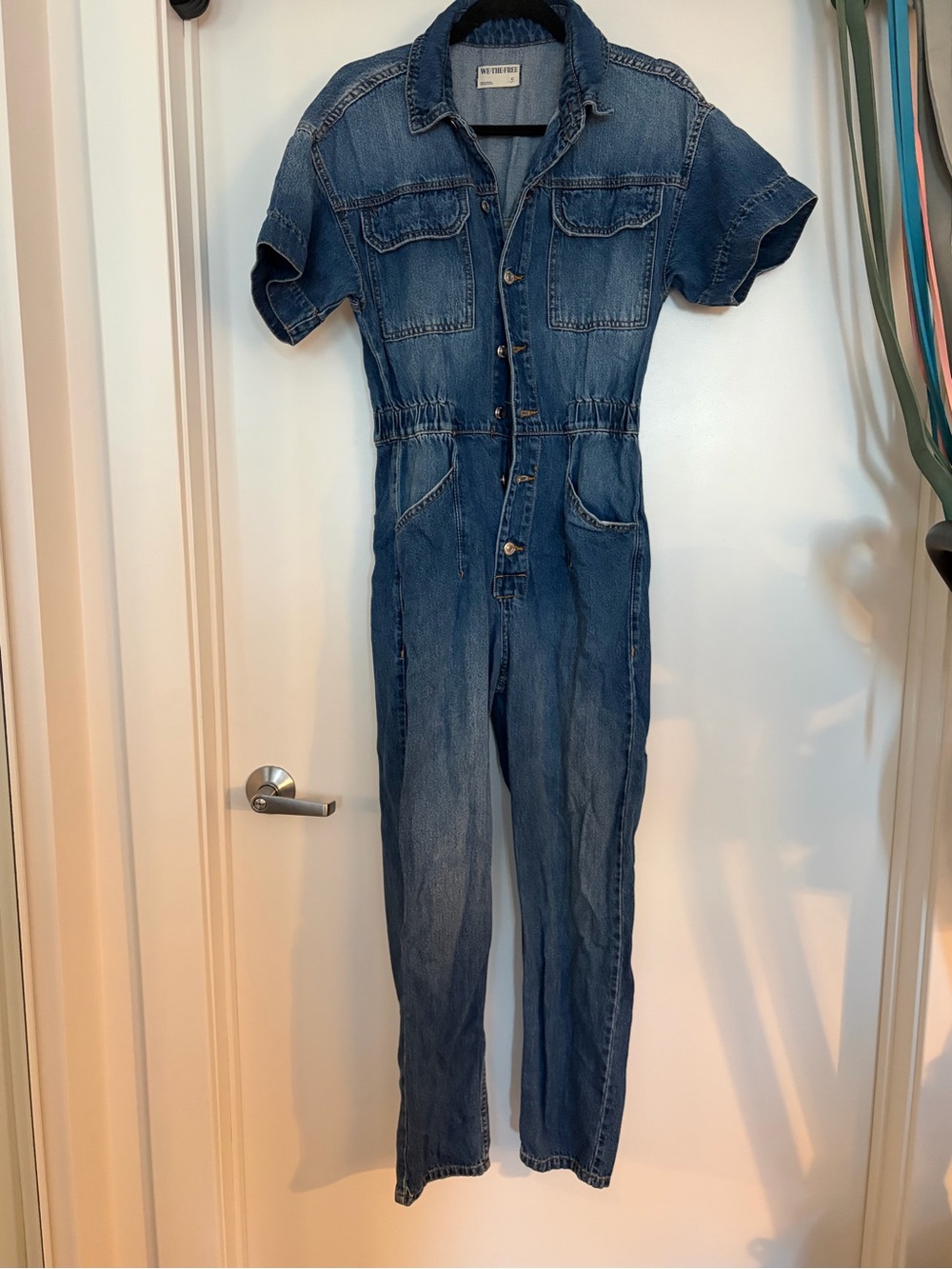 Free People 100% Cotton Denim Short Sleeve Jumpsuit (straight leg)